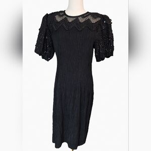 VTG 80s Black Sequin Pleated Dress Prom Puffy Sleeve Party Prom Cocktail ILGWU 8